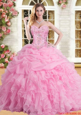 Perfect Organza Ruffled and Beaded Sweet 16 Dress in Rose Pink