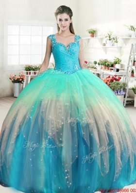 Popular See Through Back Straps Beaded Quinceanera Dress in Ombre Color