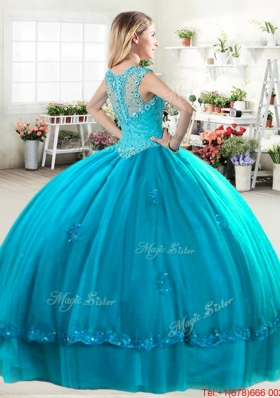 Beautiful Beaded and Applique Turquoise Quinceanera Dress with Zipper Up