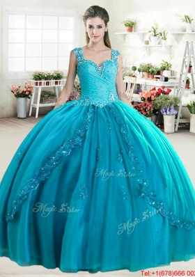 Beautiful Beaded and Applique Turquoise Quinceanera Dress with Zipper Up