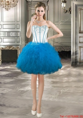 Best Visible Boning Beaded and Ruffled Blue and White Detachable Sweet 16 Dresses