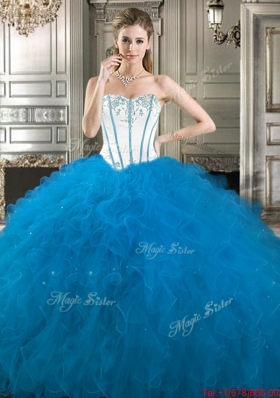 Best Visible Boning Beaded and Ruffled Blue and White Detachable Sweet 16 Dresses