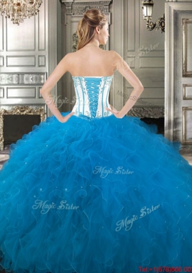 Best Visible Boning Beaded and Ruffled Blue and White Detachable Sweet 16 Dresses