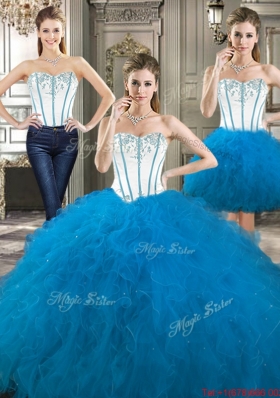 Best Visible Boning Beaded and Ruffled Blue and White Detachable Sweet 16 Dresses