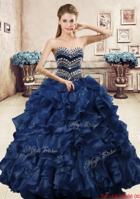 Exclusive Navy Blue Organza Quinceanera Dress with Beading and Ruffles