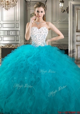 Four for One Ruffled and Beaded Bodice Teal and White Detachable Quinceanera Gowns