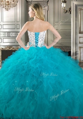 New Arrivals Puffy Skirt Teal and White Detachable Sweet 16 Dresses in Tulle