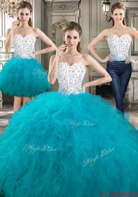 New Arrivals Puffy Skirt Teal and White Detachable Sweet 16 Dresses in Tulle