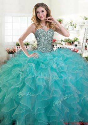 Simple Beaded and Ruffled Turquoise Quinceanera Dress in Organza