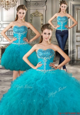 Low Price Really Puffy Beaded and Ruffled Teal Detachable Quinceanera Dresses