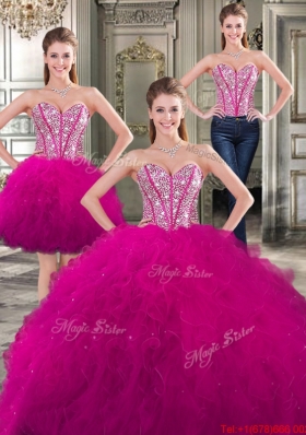 New Style Beaded and Ruffled Fuchsia Detachable Sweet 16 Dresses in Tulle