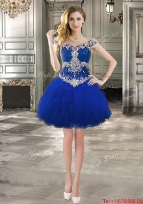 Pretty Cap Sleeves Royal Blue Detachable Quinceanera Dresses with Off the Shoulder