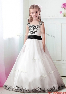 Cheap Straps Applique and Belted Flower Girl Dress in White