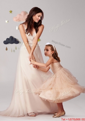 Elegant Straps Applique and Ruffled Layers Flower Girl Dress in Champagne