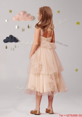 Elegant Straps Applique and Ruffled Layers Flower Girl Dress in Champagne