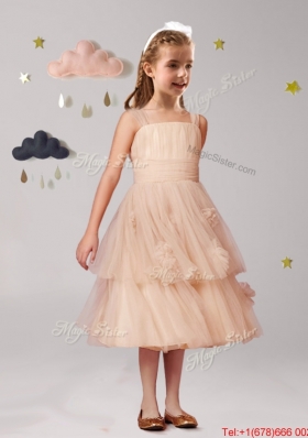 Elegant Straps Applique and Ruffled Layers Flower Girl Dress in Champagne