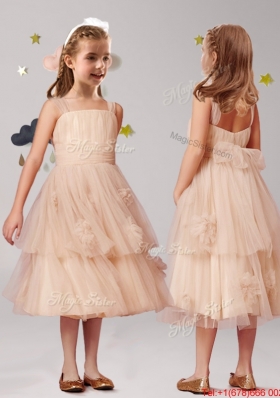 Elegant Straps Applique and Ruffled Layers Flower Girl Dress in Champagne