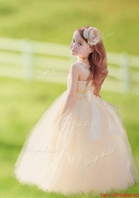 Lovely Straps Champagne Tulle Flower Girl Dress with Hand Made Flowers