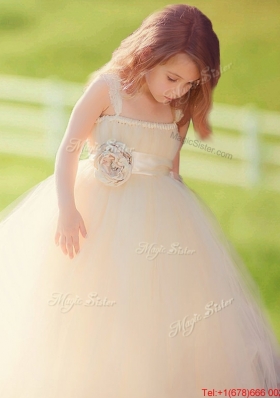 Lovely Straps Champagne Tulle Flower Girl Dress with Hand Made Flowers