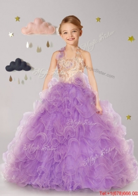 Gorgeous Halter Top Organza Flower Girl Dress with Hand Made Flowers and Ruffles