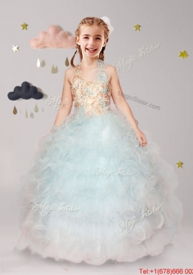 Gorgeous Halter Top Organza Flower Girl Dress with Hand Made Flowers and Ruffles