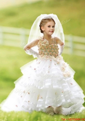 Latest Asymmetrical Neckline White Flower Girl Dress with Hand Made Flowers and Ruffled Layers