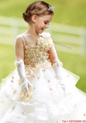 Latest Asymmetrical Neckline White Flower Girl Dress with Hand Made Flowers and Ruffled Layers