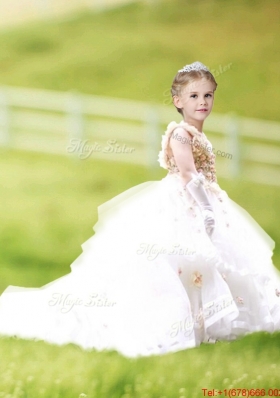 Latest Asymmetrical Neckline White Flower Girl Dress with Hand Made Flowers and Ruffled Layers