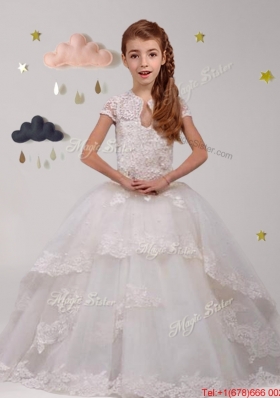 Modest Scoop Short Sleeves Laced Flower Girl Dress in White