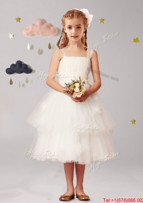 Modest Straps White Flower Girl Dress with Appliques and Ruffled Layers