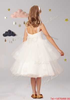 Modest Straps White Flower Girl Dress with Appliques and Ruffled Layers