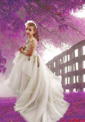 See Through Scoop Long Sleeves Court Train Flower Girl Dress with Appliques