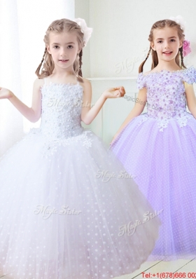 Sweet Spaghetti Straps White Flower Girl Dress with Appliques and Beading