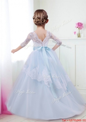 Unique Scoop Half Sleeves Laced and Bowknot Flower Girl Dress in Light Blue