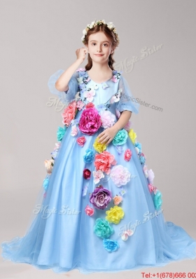 Discount V Neck Half Sleeves Baby Blue Girls Party Dress with Hand Made Flowers