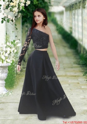 Gorgeous One Shoulder Long Sleeves Black Girls Party Dress with Lace