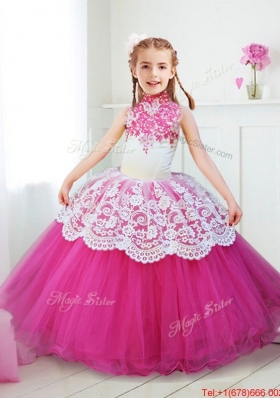 Inexpensive Halter Top Hot Pink Girls Party Dress with Beading and Lace