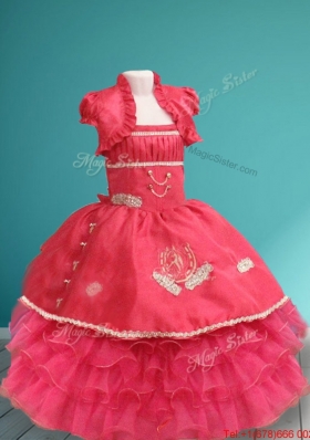Inexpensive Spaghetti Straps Coral Red Mini Quinceanera Dress with Appliques and  Ruffled Layers