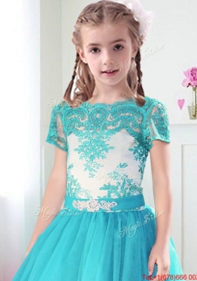 Latest Scoop Short Sleeves Laced and Belted Girls Party Dress in Turquoise