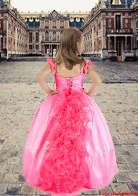 Luxurious Spaghetti Straps Applique and Ruffled Girls Party Dress in Rose Pink