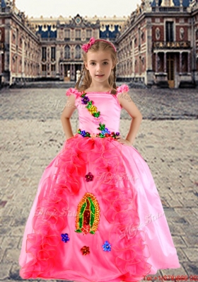 Luxurious Spaghetti Straps Applique and Ruffled Girls Party Dress in Rose Pink