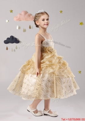 Modern Straps Pick Ups and Hand Made Flowers Mini Quinceanera Dress in Gold