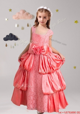 Modest Straps Pick Ups and Hand Made Flowers Girls Party Dress in Coral Red