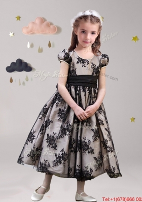 Popular Scoop Short Sleeves Sashed Mini Quinceanera Dress in Black