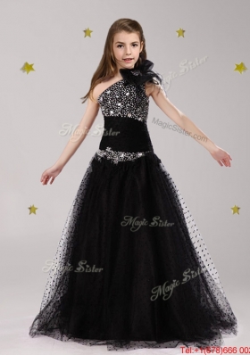 Pretty One Shoulder Beaded and Bowknot Girls Party Dress in Black