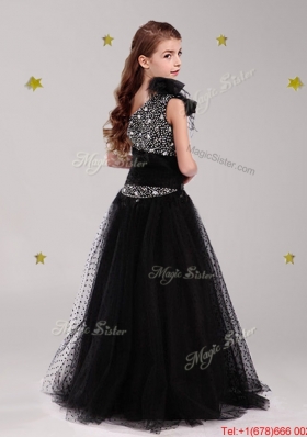 Pretty One Shoulder Beaded and Bowknot Girls Party Dress in Black