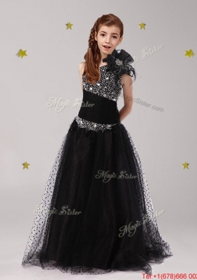 Pretty One Shoulder Beaded and Bowknot Girls Party Dress in Black