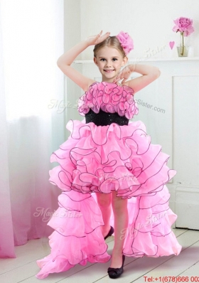 Pretty Spaghetti Straps Ruffled and Belted High Low Girls Party Dress in Rose Pink