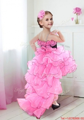 Pretty Spaghetti Straps Ruffled and Belted High Low Girls Party Dress in Rose Pink