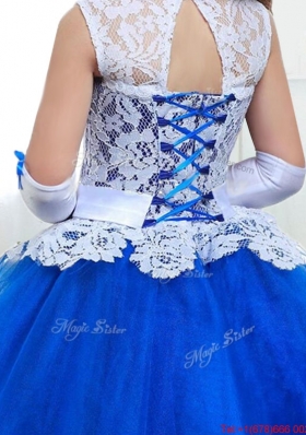 See Through Scoop Laced and Belted Mini Quinceanera Dress in Royal Blue